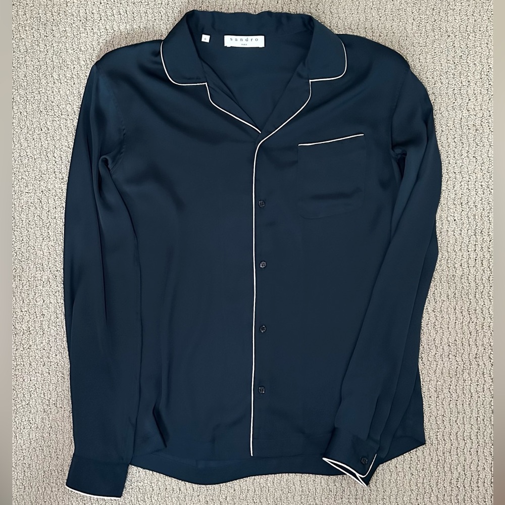 Sandro Homme Contrast Trim Navy Pyjama Shirt